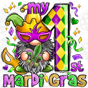 My 1 St Mardi Gras Png Sublimation Design, Happy Mardi Gras Png, Mardi Gras Gnome Png, Fleur De Lis Png, Gnome Png, Digital Download