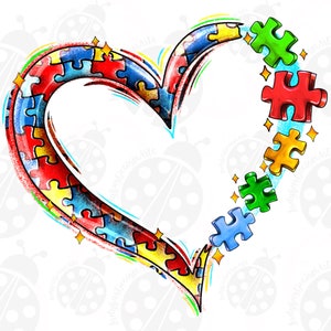May include: A colorful heart-shaped design composed of puzzle pieces in red, blue, yellow, and green. The heart is outlined in black with a watercolor effect, and several puzzle pieces are scattered around it, with sparkling stars.