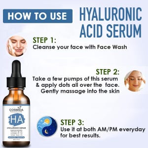 May include: A brown glass bottle of hyaluronic acid serum with a black dropper. The label reads "HA HYALURONIC SERUM". Instructions on how to use the serum are displayed with images and text.