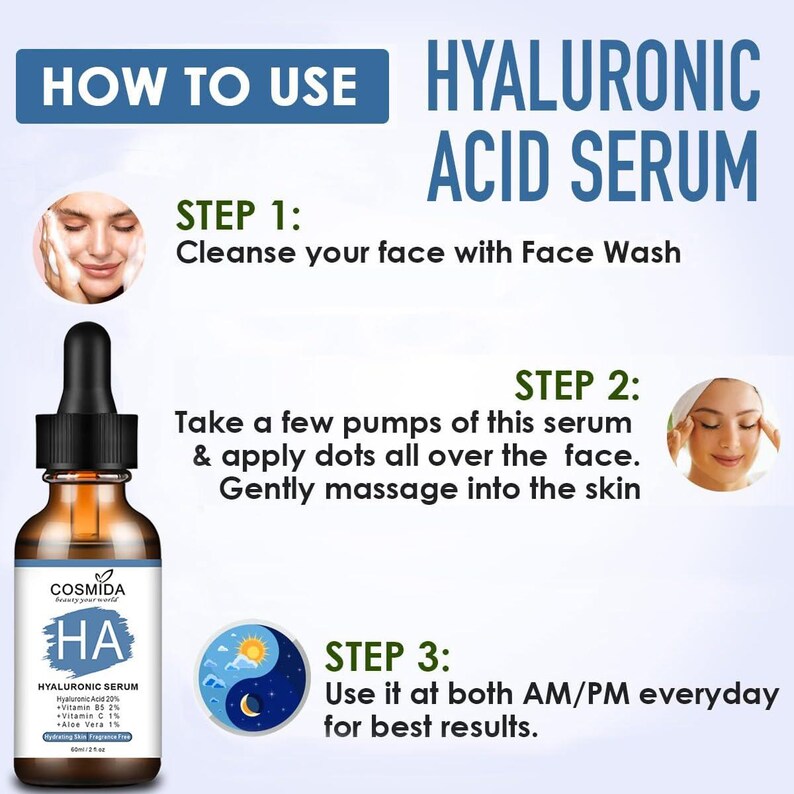 May include: A brown glass bottle of hyaluronic acid serum with a black dropper. The label reads "HA HYALURONIC SERUM". Instructions on how to use the serum are displayed with images and text.