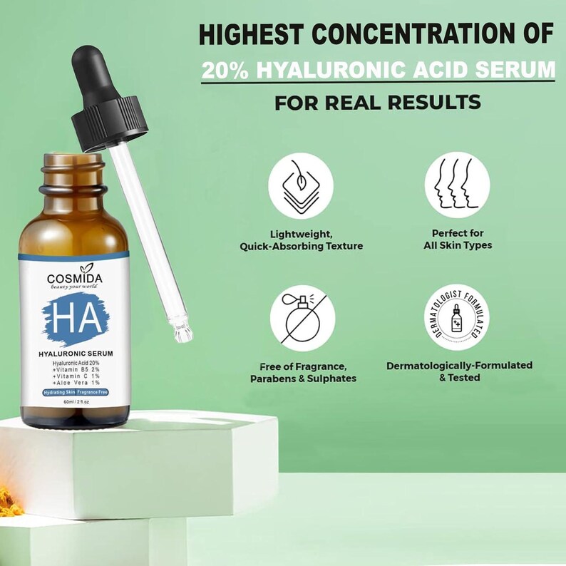 May include: A brown glass bottle of COSMIDA hyaluronic serum with a dropper. The label reads "HA HYALURONIC SERUM" and lists ingredients. The image also includes text stating "Highest Concentration of 20% Hyaluronic Acid Serum for Real Results."