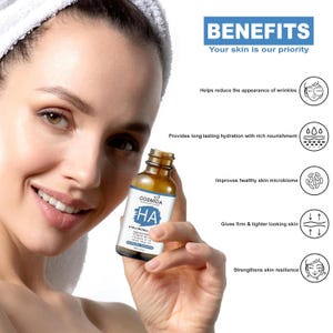 May include: A woman holding a brown glass bottle of COSMIDA HA hyaluronic acid serum. The bottle has a white label with blue text. The image includes the text "BENEFITS" and icons describing the serum's effects on skin.