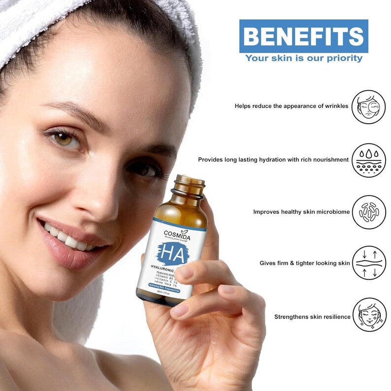 May include: A woman holding a brown glass bottle of COSMIDA HA hyaluronic acid serum. The bottle has a white label with blue text. The image includes the text "BENEFITS" and icons describing the serum's effects on skin.