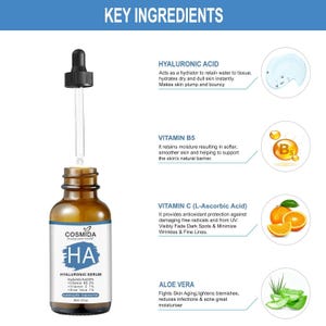 May include: A brown glass bottle of COSMIDA hyaluronic serum with a dropper. The label reads "HA HYALURONIC SERUM" and lists key ingredients: Hyaluronic Acid, Vitamin B5, Vitamin C, and Aloe Vera. The image also shows illustrations of the ingredients.