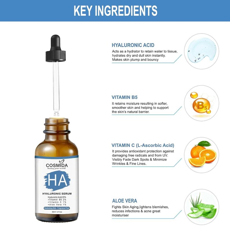 May include: A brown glass bottle of COSMIDA hyaluronic serum with a dropper. The label reads "HA HYALURONIC SERUM" and lists key ingredients: Hyaluronic Acid, Vitamin B5, Vitamin C, and Aloe Vera. The image also shows illustrations of the ingredients.