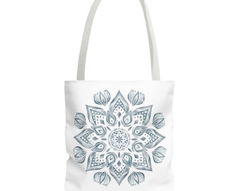 Sac fourre-tout mandala bleu aquarelle (blanc avec différentes couleurs de poignées disponibles)