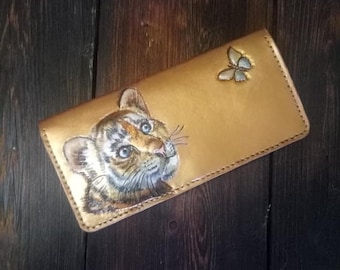 Handmade leather wallet Tiger cub. 3D leather carving.