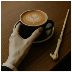May include: A black coffee cup with latte art, held by a hand, sits on a saucer. A light-coloured wand with a curved handle rests on a wooden surface. The coffee has a heart-shaped design.