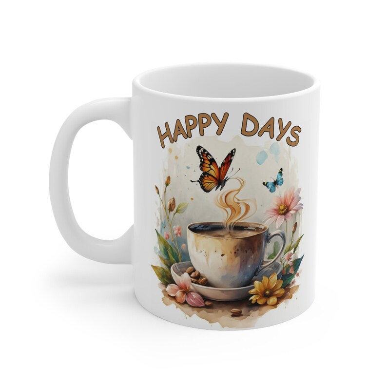 Watercolour Coffee Mug With Flowers and Butterflies Happy Days Inspired
