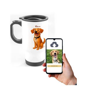 Personalised Cartoon Character Travel Mug Coffee Cup with Artistic Pet Portrait of Your Dog Handmade from Photo, Unique Gifts for Dog Lovers