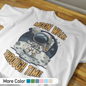 Moonwalk a través del tiempo, camisa de astronauta, camisa espacial, camisa de cumpleaños de astronauta, camisa de astronauta, camisa de dibujos animados, camisa de cohete, camisa chibi