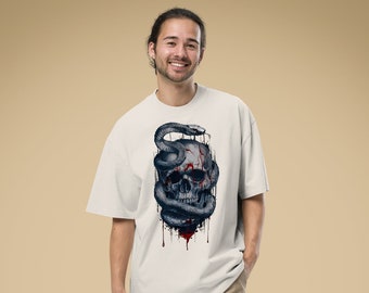 Camiseta extragrande Snake&Skull: Boceto de tatuaje drogado con detalle asesino, vibraciones inquietantes, estilo callejero, camisa de tatuaje, camisa de calavera, camisa de cobra real