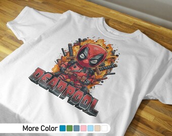Camiseta Chibi Deadpool - Camiseta fofa do Mercenário com uma boca - Ilustração em quadrinhos - Camiseta gráfica exclusiva - Roupa divertida de anti-herói para fãs