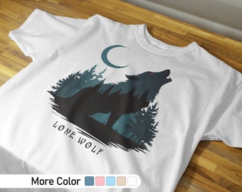 Camisa de silueta de lobo solitario, camisa temática del bosque, camisa de silueta de árbol, camisa de animal, camisa de lobo, camisa amante de la naturaleza, camisa de árbol, camiseta de bosque