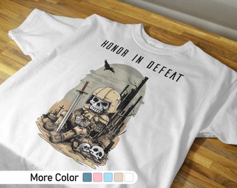 Honor en la derrota, camisa del mundo caído, calavera chibi, camisa de calavera, camisa del ejército, camisa de caballero, camisa de espada, camisa de fantasía, camisa de soldado de fantasía