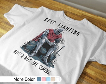 Sigue luchando..., camisa de caballero, camisa inspiradora, camisa de caballeros medievales, camiseta gráfica Camelot, camisa motivacional, camisa de calavera, camisa medieval