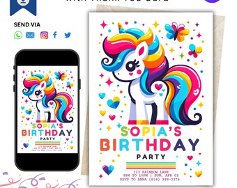 May include: A colorful birthday invitation featuring a rainbow unicorn with a white background. The invitation says "Sophia's Birthday Party" with the date, time, and RSVP information.