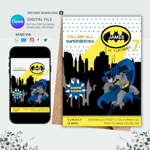 Puede incluir: Una invitación de cumpleaños azul y amarilla con una imagen de dibujos animados de Batman. La invitación dice "Calling all superheroes, James is turning 7". La invitación también incluye la fecha y la hora de la fiesta, así como la dirección y la información de RSVP.