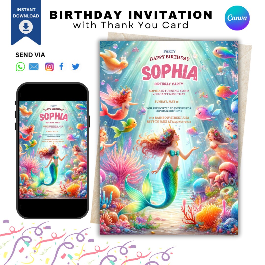 Mermaid Birthday Party Invitation Template Instant Download Digital