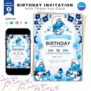 Könnte beinhalten: Eine blaue und weiße Geburtstagseinladung mit einer Zeichentrickfigur eines Schlumpfs. Die Einladung lautet "Happy Birthday Jacob wird 5" und enthält die Zeit der Party, "14:00 bis 17:00 Uhr", und das Datum, "Sonntag, 10. März".