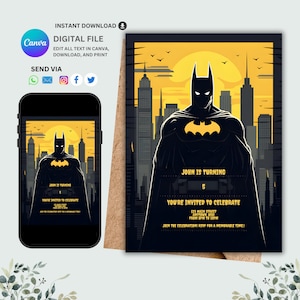 May include: A black and yellow birthday invitation featuring a silhouette of Batman standing in front of a cityscape. The text reads "John is turning 5. You're invited to celebrate. 123 Main Street, Anytown, USA. From 5PM to 10PM. Join the celebration! RSVP for a memorable time!"