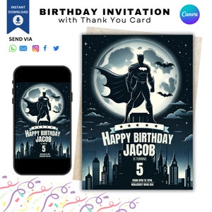 スーパーヒーローの誕生日招待状：バットガイパーティー、編集可能なテンプレート（CANVA）