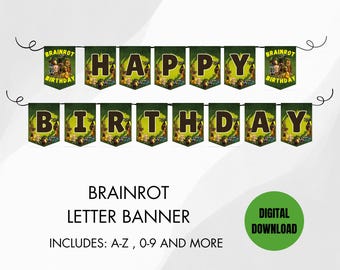 Plantilla de pancarta de cumpleaños de Brainrot / Alfabeto imprimible y números (descarga en PDF)