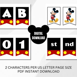 Puede incluir: Descarga digital con piezas de banner con letras, n&uacute;meros e ilustraciones de Mickey Mouse. Las pancartas tienen un fondo negro con letras blancas y detalles en rojo y amarillo. Tambi&eacute;n est&aacute; presente el texto "DIGITAL DOWNLOAD".