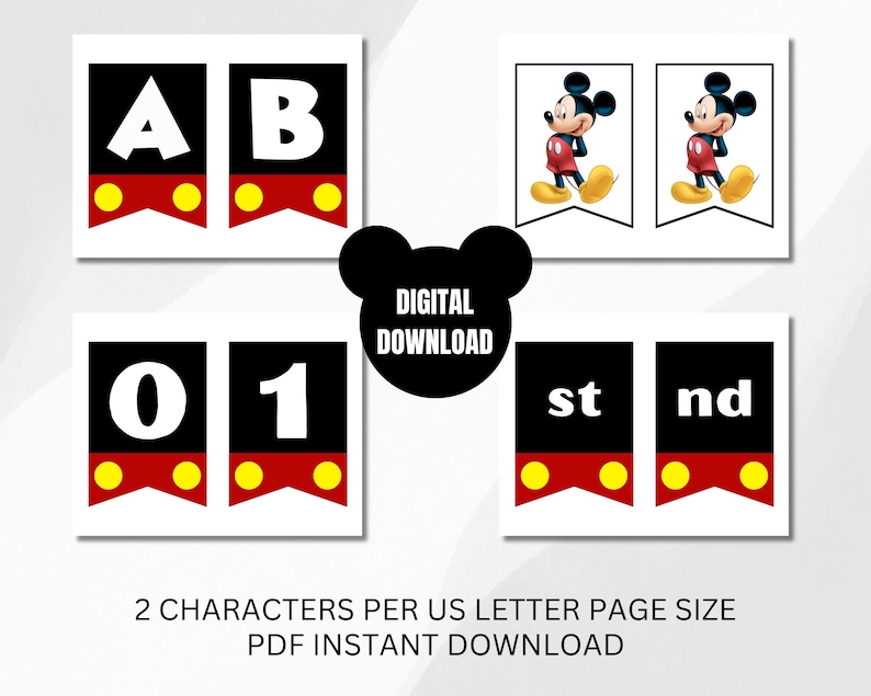 Puede incluir: Descarga digital con piezas de banner con letras, n&uacute;meros e ilustraciones de Mickey Mouse. Las pancartas tienen un fondo negro con letras blancas y detalles en rojo y amarillo. Tambi&eacute;n est&aacute; presente el texto "DIGITAL DOWNLOAD".
