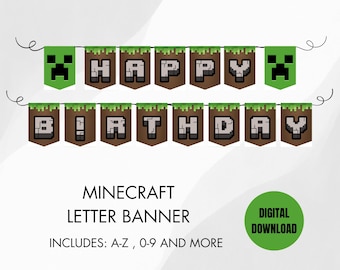 Modello di striscione di compleanno di Minecraft / Alfabeto e numeri stampabili (download digitale)
