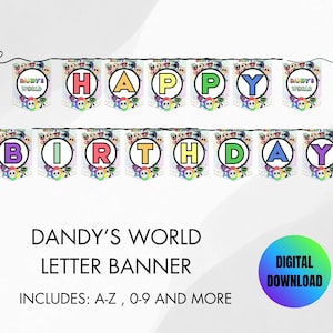 Op de afbeelding: Een kleurrijke banner met de tekst "HAPPY BIRTHDAY" met individuele lettervlaggen. Elke vlag heeft een stripfiguur en een letter in een levendige kleur. De banner bevat ook de tekst "DANDY'S WORLD LETTER BANNER" en "DIGITALE DOWNLOAD".