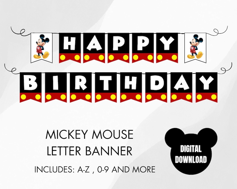 Puede incluir: Una pancarta negra y roja con tem&aacute;tica de Mickey Mouse que dice "HAPPY BIRTHDAY" en letras blancas. La pancarta incluye im&aacute;genes de Mickey Mouse y c&iacute;rculos amarillos. Tambi&eacute;n est&aacute; presente el texto "MICKEY MOUSE LETTER BANNER" y "INCLUDES: A-Z, 0-9 AND MORE".