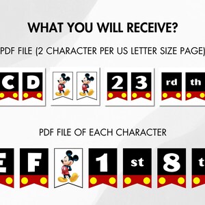 Puede incluir: Una descarga digital con una pancarta con letras, n&uacute;meros e ilustraciones de Mickey Mouse. La pancarta incluye el texto "WHAT YOU WILL RECEIVE?" y "PDF FILE (2 CHARACTER PER US LETTER SIZE PAGE)". La pancarta es negra, roja y amarilla.