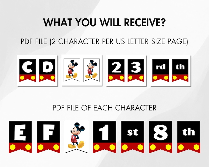 Puede incluir: Una descarga digital con una pancarta con letras, n&uacute;meros e ilustraciones de Mickey Mouse. La pancarta incluye el texto "WHAT YOU WILL RECEIVE?" y "PDF FILE (2 CHARACTER PER US LETTER SIZE PAGE)". La pancarta es negra, roja y amarilla.