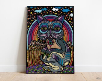 Trippy Rainbow Cat Art Print, Psychedelic Wall Decor