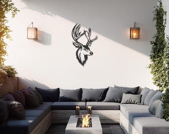 Geometrisk hjortväggkonst, minimalistisk metalldesign, djurhuvudväggdekor, modern rustik heminredning, hjorthuvudskulptur, elegant heminredning