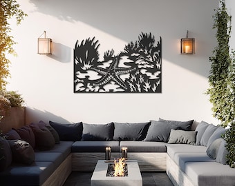 Arte de pared de metal oceánico con estrellas de mar, decoración submarina costera, decoración de pared moderna para casa de playa, escultura de pared marina con vida marina