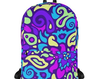 Cyber Bloom Backpack – Swirly Floral Print, Rave Festival Daypack