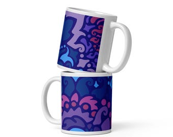 Midnight Berry Ceramic Coffee Mug | Hand-Drawn Swirly Floral Art