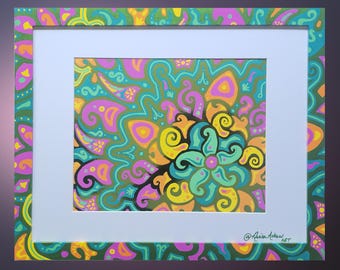 Green Foil Abstract Acrylic Art with Upcycled Decorated Frame - "Sunflare Garden"
