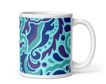 Electric Bloom Coffee Mug | Teal Abstract Festival Tea Cup | Visual Dopamine | Swirly Art Drinkware