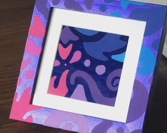 Midnight Berry Mini Art – Hand-Drawn Foil, Blue Pink Office Décor (4x4 Inch Frame)