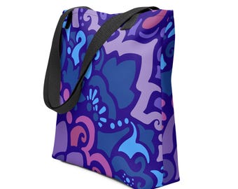 Midnight Berry Tote Bag | Hand-Drawn Floral Swirl Art, Botanical Shoulder Bag