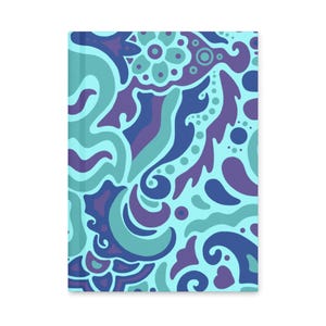 May include: A notebook with a vibrant, abstract design. The cover features a repeating pattern of swirling shapes in shades of teal, purple, and blue against a light blue background. The design is reminiscent of psychedelic art.