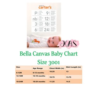 May include: A baby wearing a white onesie smiles in a product photo. The image includes a size chart with measurements in inches for Bella Canvas baby shirts, and the text "Bella Canvas Baby Chart Size 3001".