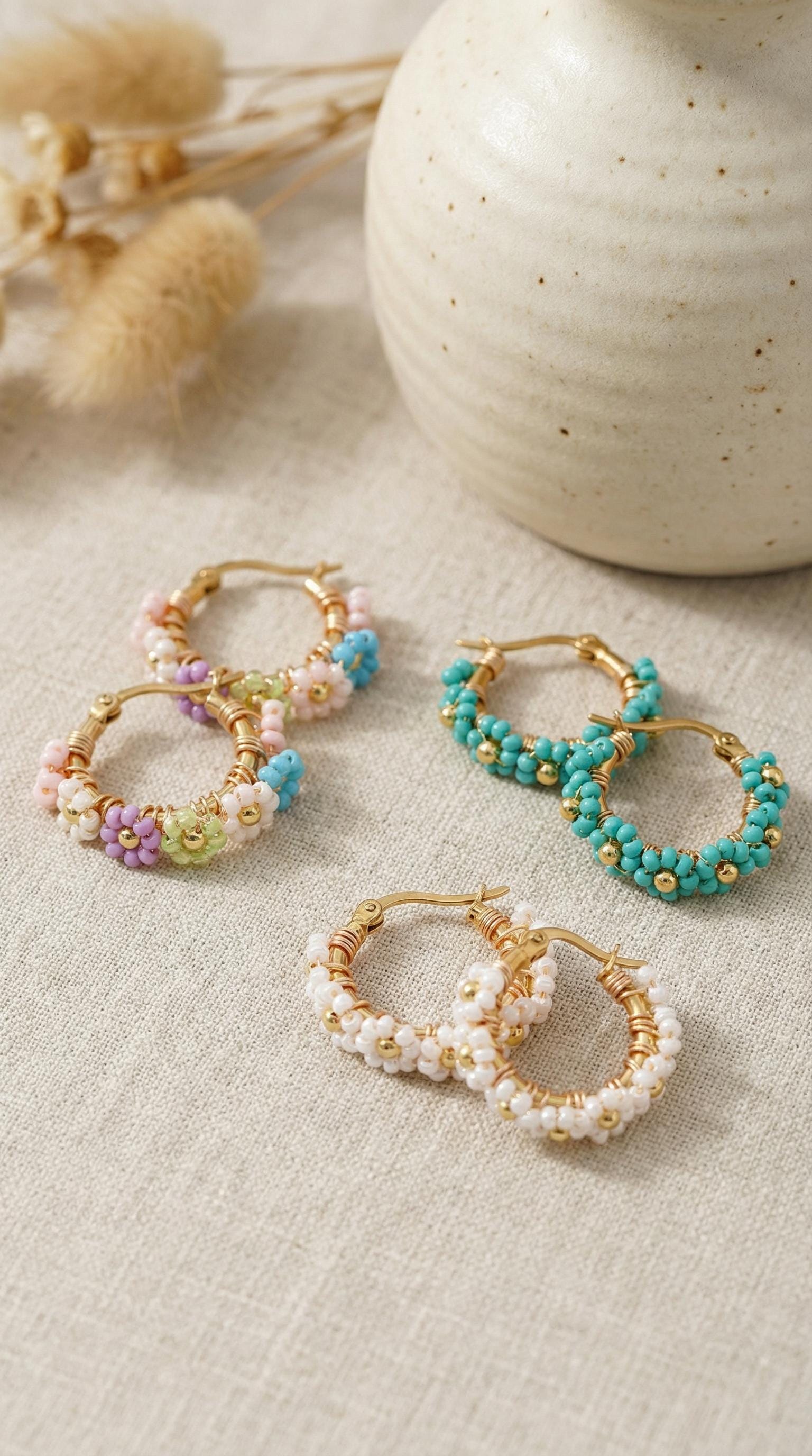 Orecchini A Cerchio Bohémien Con Perline Colorate A Forma Di Fiore - Leggeri, Pendenti, Fatti A Mano, Per Donna, Stile Estivo - 2