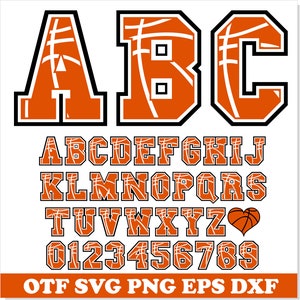 May include: Orange and black basketball-themed alphabet and numbers. The letters and numbers are outlined in black and have a basketball texture inside. The letters A, B, and C are shown in large size at the top of the image. The rest of the alphabet and numbers are shown in a smaller size below. The text "OTF SVG PNG EPS DXF" is shown at the bottom of the image.