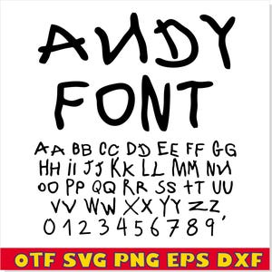 Puede incluir: Fondo blanco con las palabras "ANDY FONT" en letras negras manuscritas. El alfabeto y los números 0-9 se muestran debajo en la misma fuente. Una pancarta roja en la parte inferior enumera los formatos de archivo.