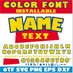 Può includere: Un design di font colorato con la parola "NAME" in lettere grandi e in grassetto. Il font include lettere maiuscole, numeri e segni di punteggiatura. Il testo "OTF SVG PNG EPS DXF" è nella parte inferiore dell'immagine.