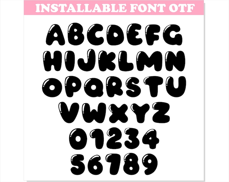 May include: Black and white alphabet and number font in a bubble style. The letters and numbers are rounded and have a 3D effect.